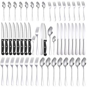 Stainless Steel Tableware 48 Pieces Suit Steak Knife Fork And Spoon (Color: Silver)